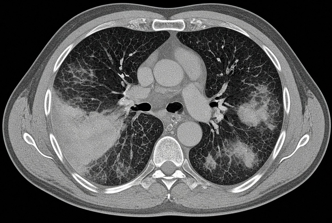 Axial chest CT, anonymised clinical image